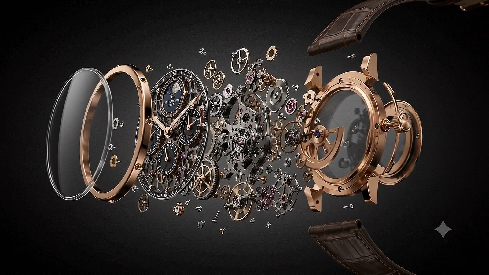 Macro view of the exploded calibre AL-407 — gear trains, ruby jewels and rose gold bridges suspended mid-air