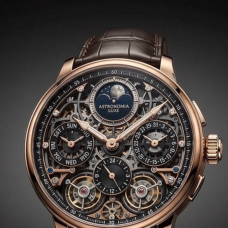 The astronomical moonphase and skeletonised dial of the Astronomia Luxe