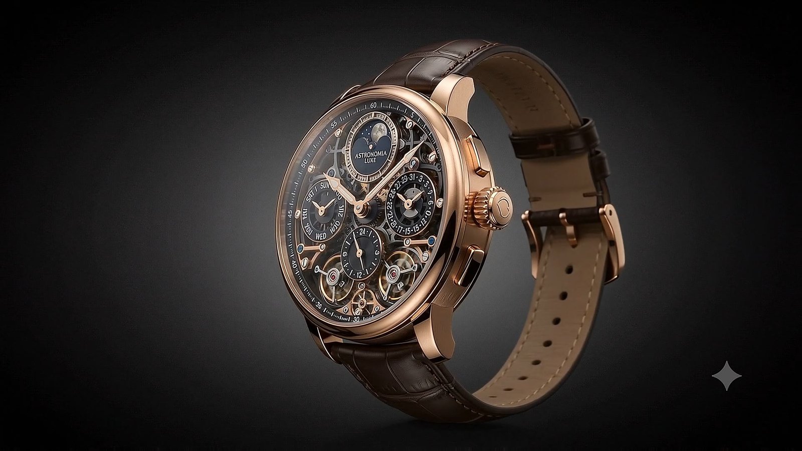 The Astronomia Luxe in three-quarter profile, rose gold case and brown alligator strap